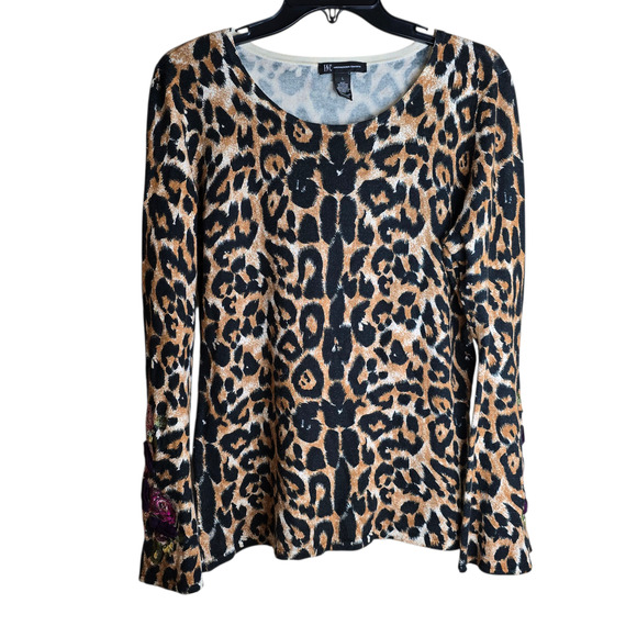 INC International Concepts Sweater Womens Large Leopard Print Embroidered Floral - Picture 1 of 16